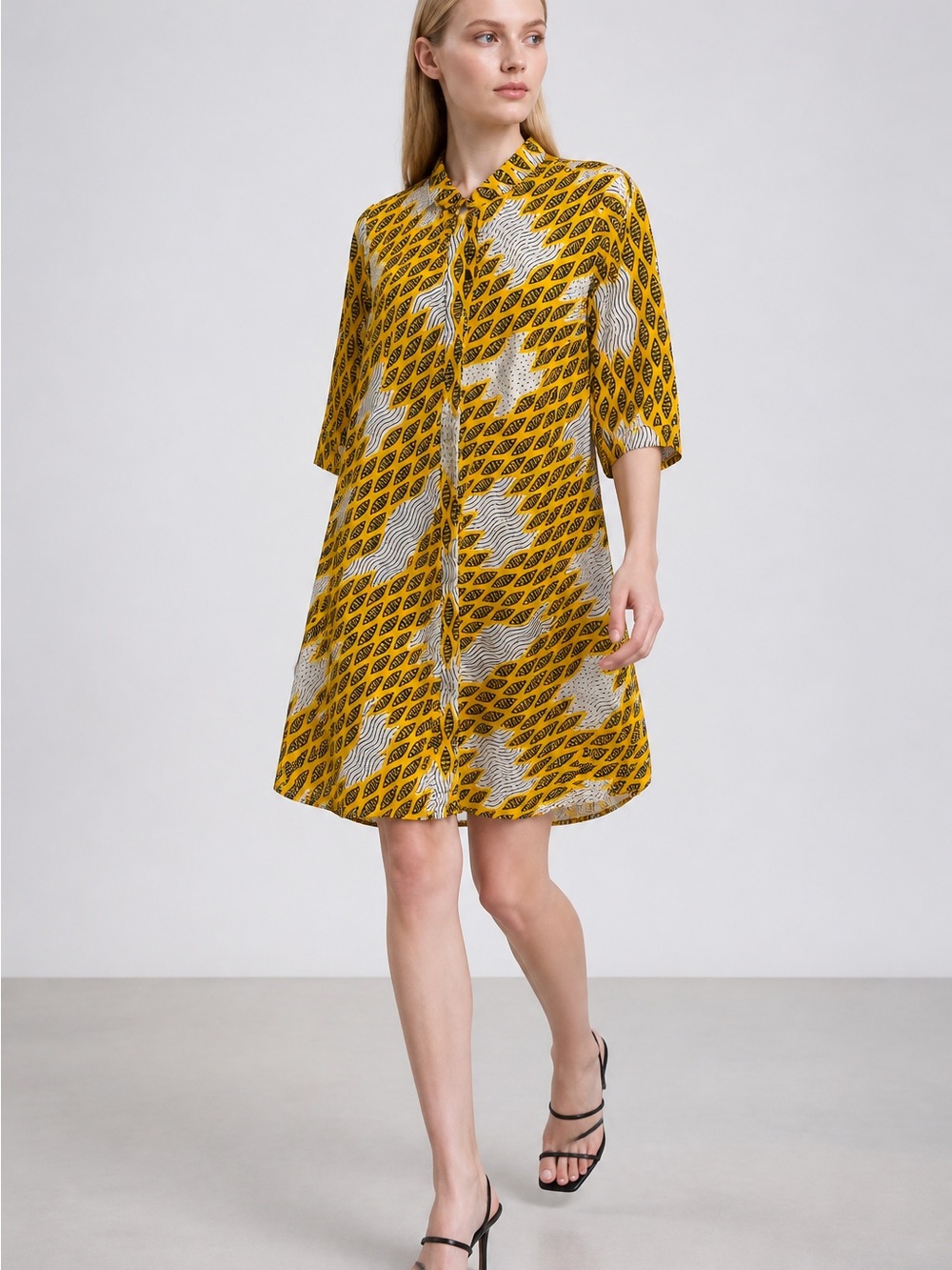 Zuri Kenya Women Small Button-Front Abstract Midi Shirt Dress in Mustard Yellow